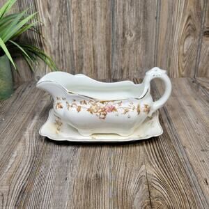 Antique Henry Alcock Gravy Boat Under Plate, Brown Transferware, Semi-Porcelain